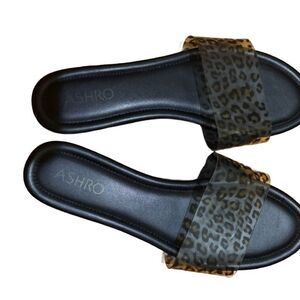 Ashro Animal Print Black and Brown Woven Slide Sandals